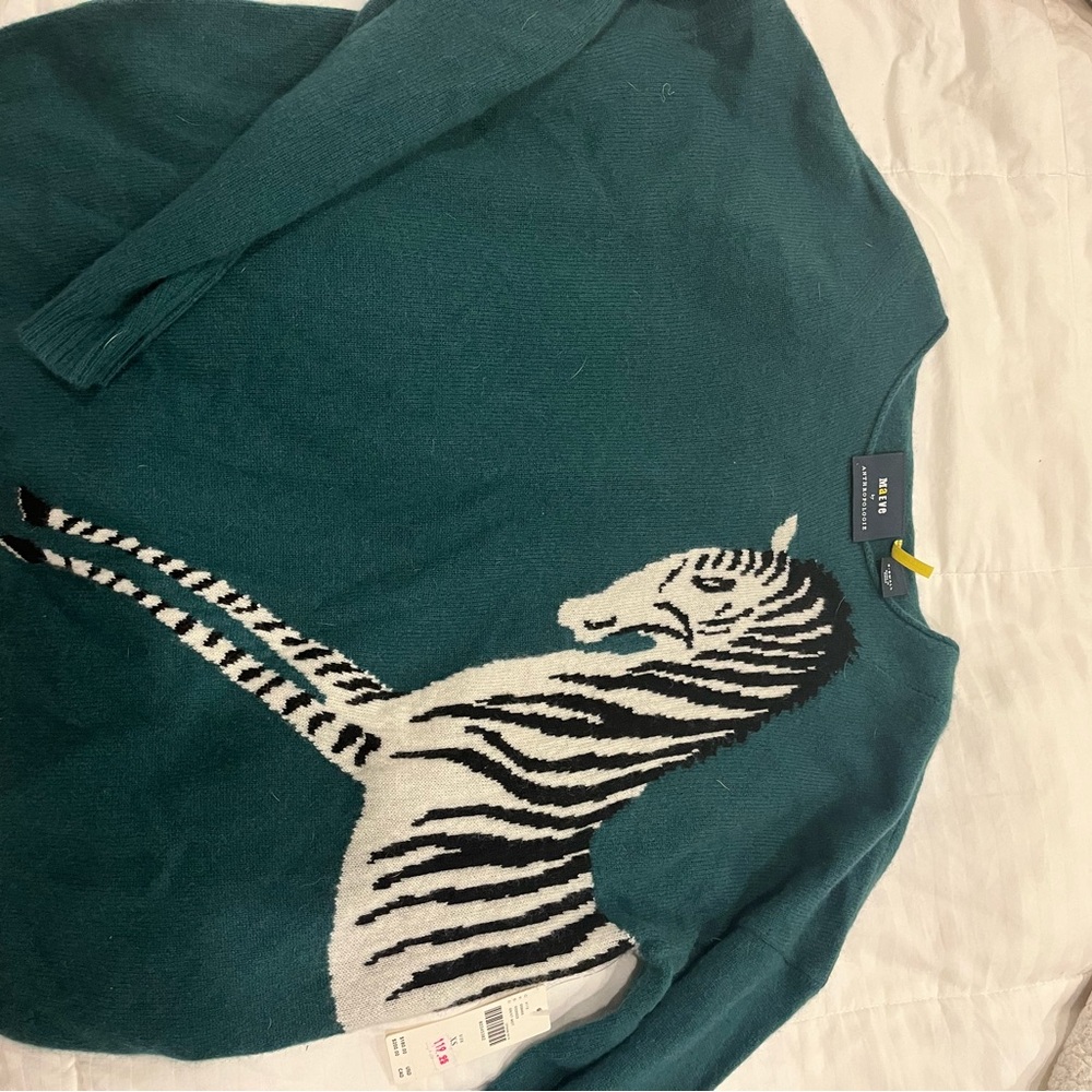 Anthropologie Maeve Teal Cashmere Sweater with Zebra Design